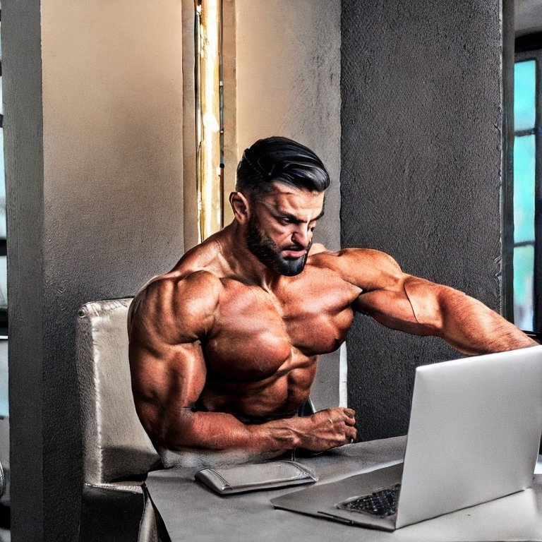 Bodybuilder engaging in a conversation with a computer